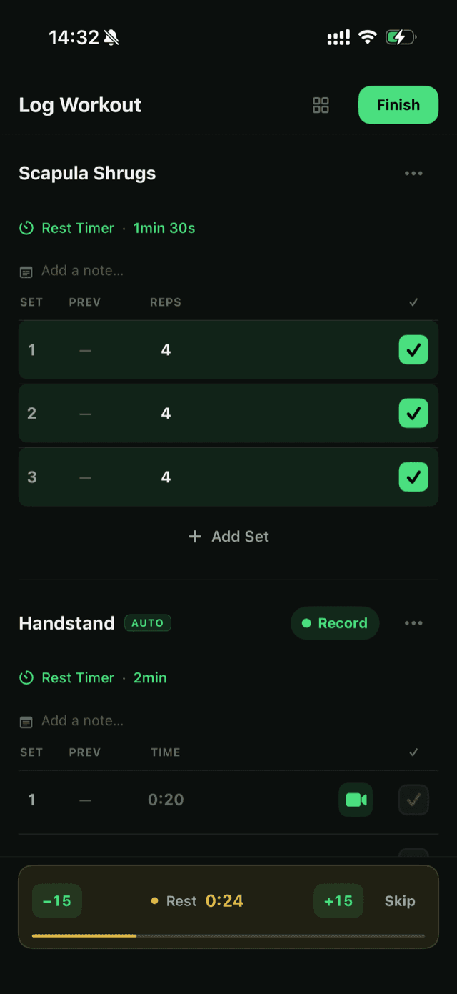 Workout logger with auto-timed handstand set